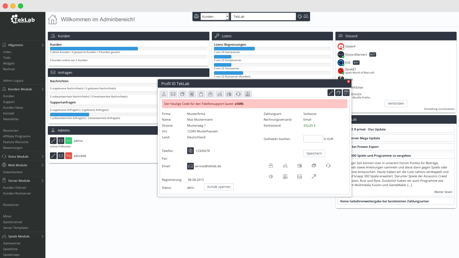 Adminbereich Dashboard
