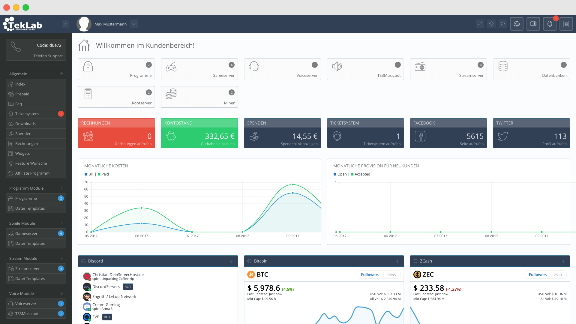Kundenbereich Dashboard